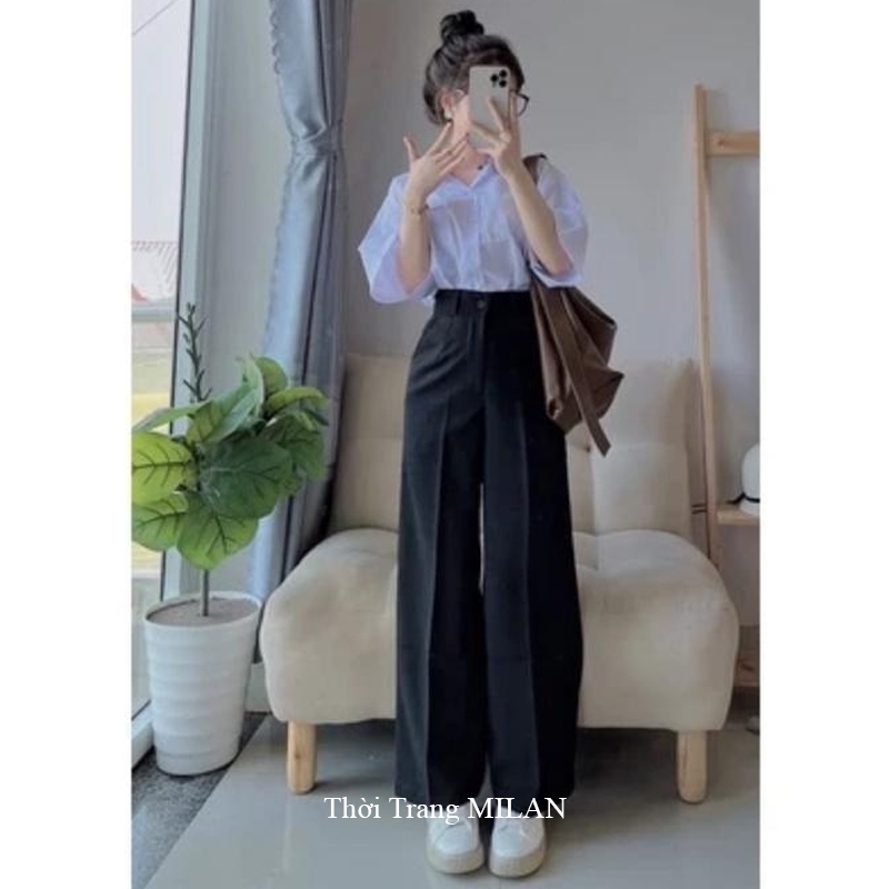 Quần ống rộng nữ đi học lưng cao M604 cấp 2 3 sinh viên công sở dáng quần tây ống suông rộng dài 100cm 1 khuy khóa kéo | BigBuy360 - bigbuy360.vn