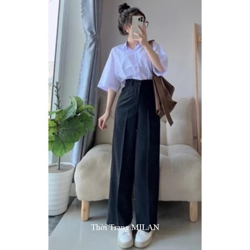Quần ống rộng nữ đi học lưng cao M604 cấp 2 3 sinh viên công sở dáng quần tây ống suông rộng dài 100cm 1 khuy khóa kéo | BigBuy360 - bigbuy360.vn