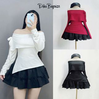 Set Đồ Bigsize Nữ Chân Váy Lưng Cao Phối Áo Thun Kiểu Trễ Vai Vải Gân Tăm Mềm Mại SET942