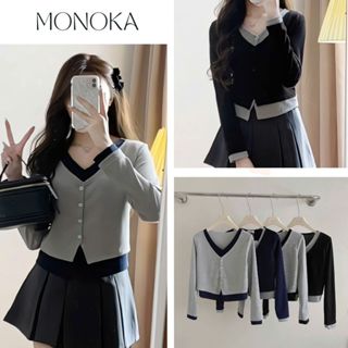 Áo thun dài tay dáng ngắn slimfit cổ V cài cúc 2 lớp phối 2 màu độc đáo Áo kiểu nữ thu đông trẻ trung xinh T739G MONOKA 