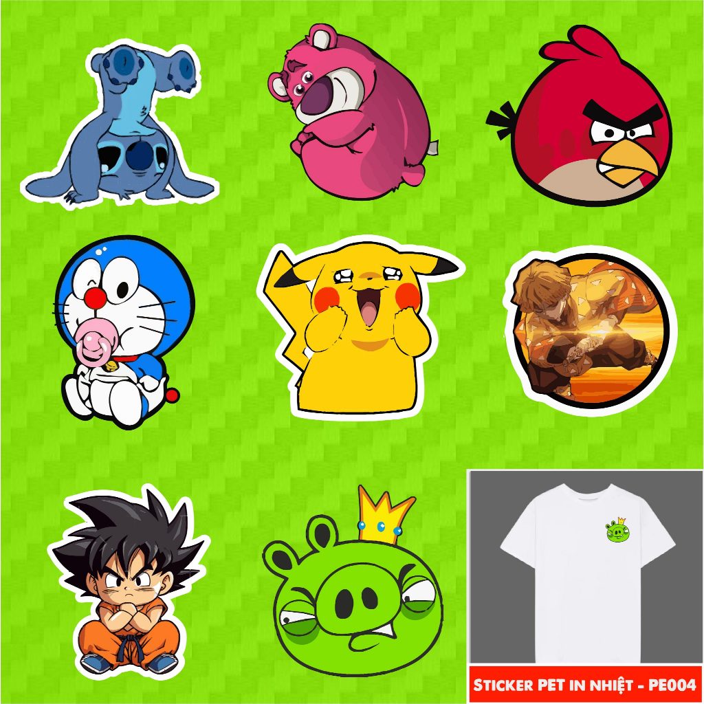 [ PE004 ] Sticker PET phim hoạt hình - cartoon in chuyển nhiệt - hình ủi lên vải - nón - áo - quần A