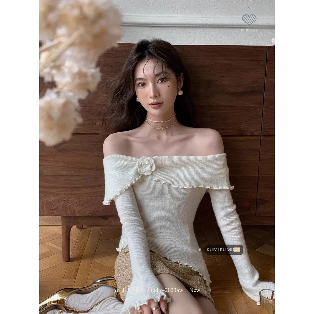  Áo Thun Gân Trễ Vai Đính Hoa Tay Loe Hàng Đẹp Tay Loe Ôm Body 