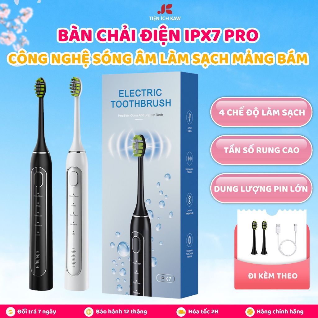 Bàn chải điện IPX7 PRO + K05 KAW, 4 Chế độ vệ sinh răng miệng thông minh, Lông mềm đánh bay mảng bám