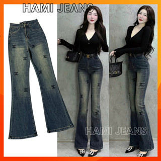 Quần jean nữ ống loe lưng cao co giãn thêu chữ x siêu xinh chất đẹp dài 100cm