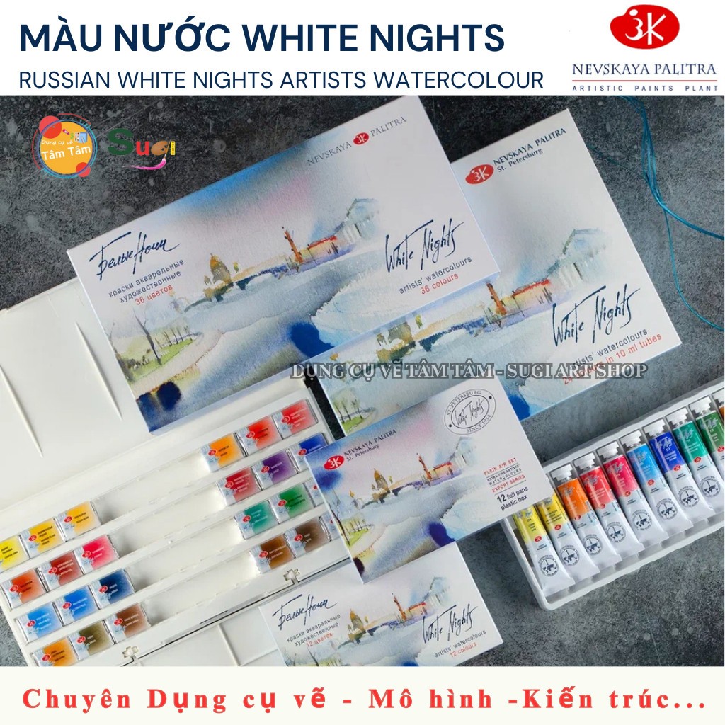 [TÂM TÂM] Màu Nước White Nights 12/24/36 Màu – White Nights Watercolor Hộp Nhựa, Màu Nước Họa Sĩ Cao Cấp