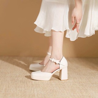 [Form Rộng _ Lùi 1 Size] Giày Tiểu Thư Cao Gót Đế Đúp 9cm Bít Mũi Tròn Quai Hậu Phối Nơ C009