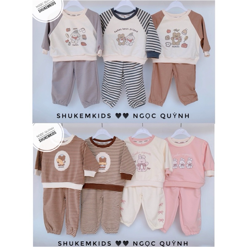 Embes Bộ nỉ da cá, nỉ bông embes mềm ấm áp thu đông hoạ tiết dễ thương bé trai gái