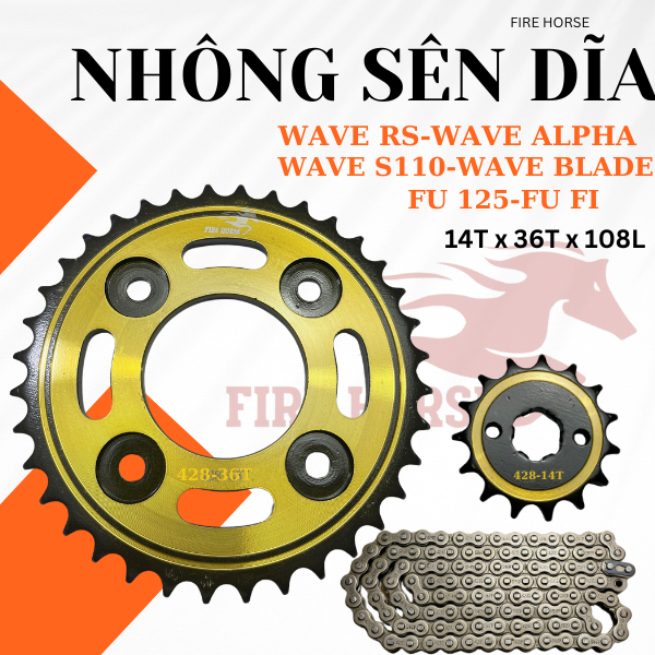 Nhông Sên Dĩa WAVE RS-WAVE ALPHA-WAVE S110-FU 125-FU FI-WAVE Lớn Thương Hiệu FIRE HORSE