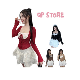  Set Áo Croptop Tay Dài Thắt Nơ Phối Chân Váy Voan Tầng QP STORE Set Bộ Đồ Nữ Đen Trắng Sang Chảnh Tôn Dáng Siêu Xinh 