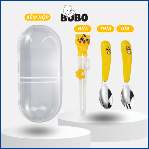 Bộ đồ tập ăn cho bé thìa muỗng dĩa inox, bộ đũa tập gắp cho bé chống trượt, bộ đũa xỏ ngón
