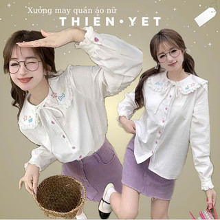  Áo SƠ MI baby doll bánh bèo cổ sen vạt thêu hình CỤC XƯƠNG NGÔI SAO dài tay QT đi học chơi,đi làm dễ thương nữ-Thiên Yết 