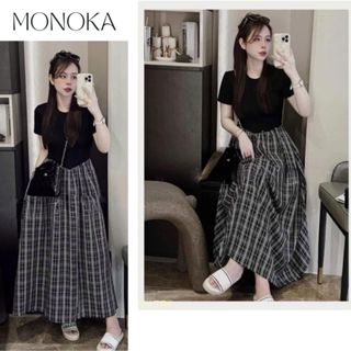 Váy len tăm đen cộc tay cổ tròn ôm body phối chân váy liền kẻ caro dáng dài xòe bồng Đầm nữ basic đơn giản T718G MONOKA