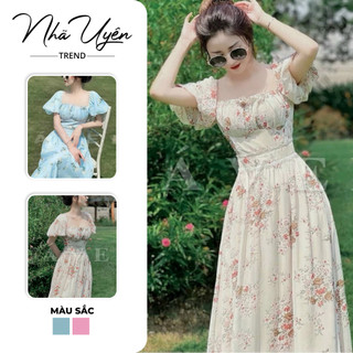 Đầm fashion nữ, đầm hoa dáng dài tay phồng xòe 2 màu nhẹ nhàng, thanh lịch cho các nàng bánh bèo đi chụp ảnh, đi biển
