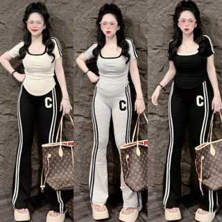 Đồ bộ nữ, set đồ bộ quần ống loe có túi và áo ôm ngắn tay lai bầu thun gân lạnh, bộ đồ mặc ở nhà nữ