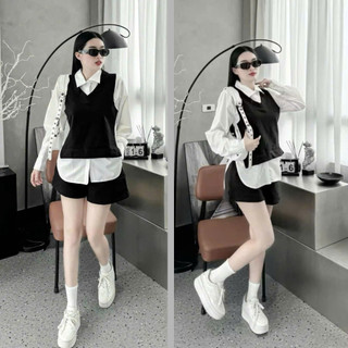  Set đồ bigsize nữ áo sơ mi trắng phối ghi lê chất ruby kèm quần đùi ống rộng lưng thun basic SET944 
