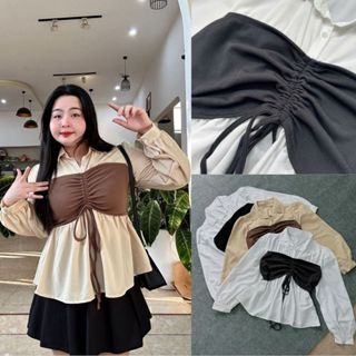 Áo sơ mi tay dài bồng có nút Bigsize nữ dáng xòe có dây rút tôn dáng chất vải nỉ gân phối xoa mềm gu chuppy SM43