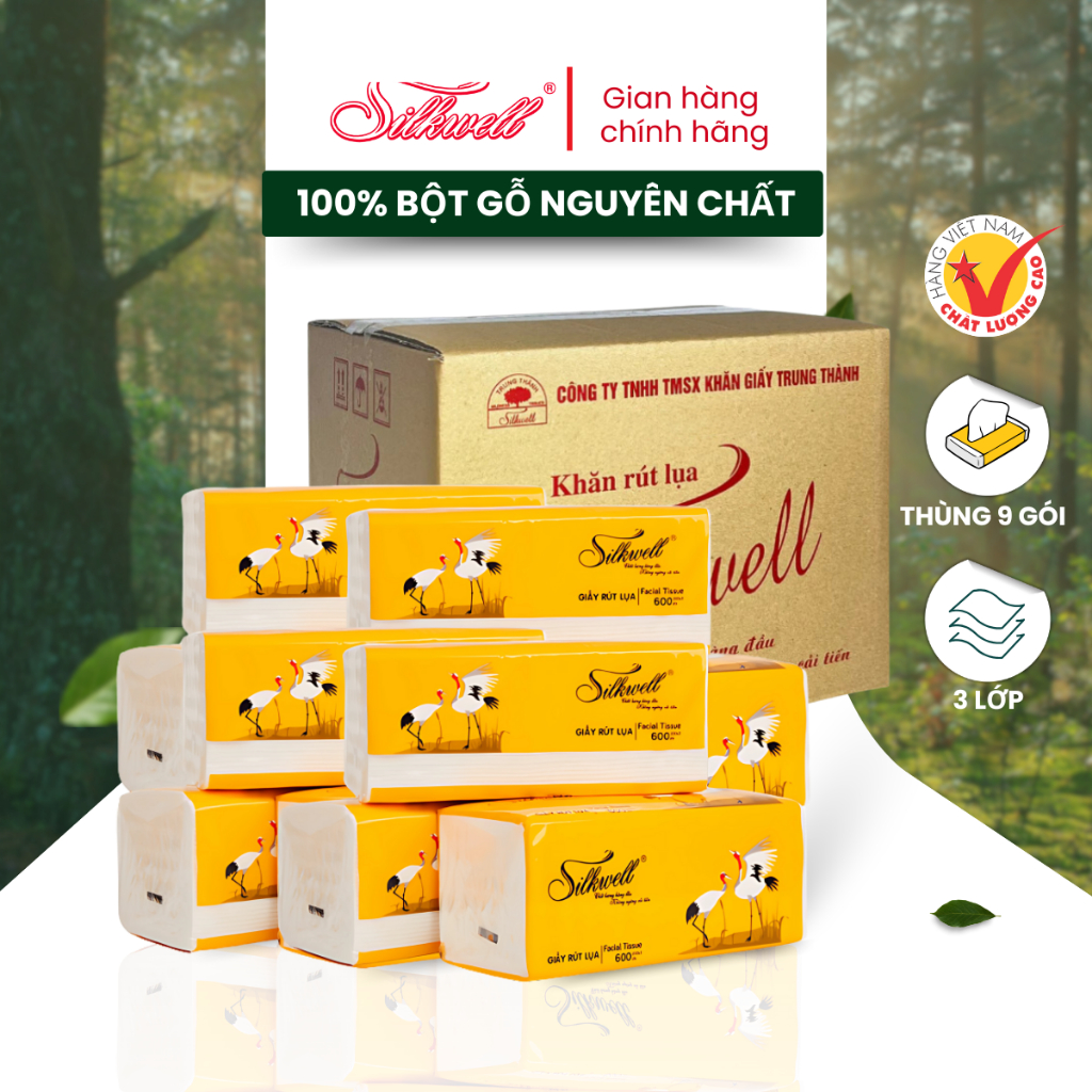 Thùng 9 gói giấy ăn rút lụa Silkwell Sếu 200 tờ 3 lớp, khăn giấy cao cấp mềm mịn, không tẩy trắng R200-seu