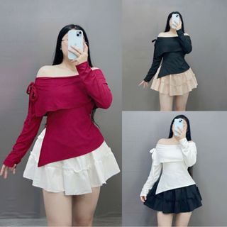 Set Bộ Tiểu Thư Bigsize Nữ Áo Trễ Vai Tay Dài Buộc Nơ Tà Xẻ Phối Váy Xòe Tầng Bèo Thanh Lịch SET942