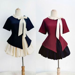 Set Bộ Bigsize Nữ Áo Kiểu Nơ Lệch Tiểu Thư Chất Thun Ruby Phối Váy Bí Xòe Vải Xoa Lưng Cao SET935