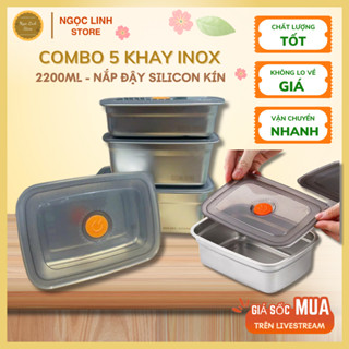  Combo 5 hộp inox dung tích 2200ml nắp đậy nhựa silicon tiện lợi 