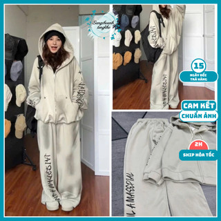 Set đồ nam nữ unisex in chữ, áo hoodie khóa zip kèm quần ống rộng họa tiết chữ nổi bật chất nỉ trơn