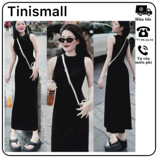 Váy nữ đen tuyền chất len lông thỏ, dáng dài, cổ cao và xẻ tà