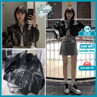 Áo khoác da croptop có túi, áo khoác da nữ tay dài cúc bấm phong cách cá tính trẻ trung năng động