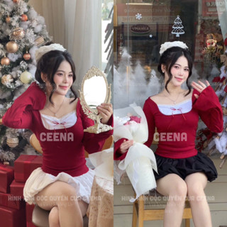 Áo tay dài ống loe Ceena Red Baby Top Women phối trắng đính nơ có charm trái tim phong coquette cho nữ đáng yêu