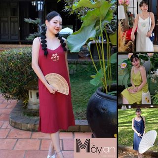 Đầm 2 dây du lịch, dạo phố thêu tay vải linen pha -Mây