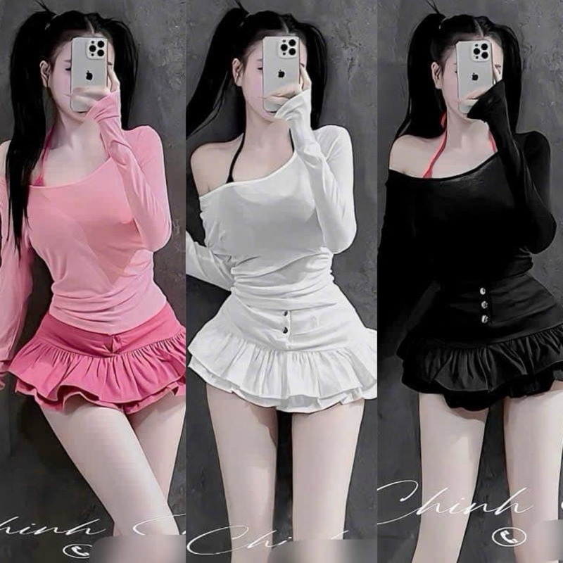 SET 3 MÓN Áo Yếm Croptop + Áo THUN GIẤY U Tay Dài + Chân Váy Kaki Cúc Đồng Đuôi Cá Có Lót Quần