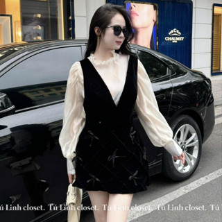 váy nữ sang chảnh,set váy mùa đông áo tơ + yếm nhung đính nơ kèm 1 nơ to cài sau AB126