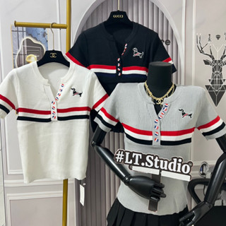 Áo len tăm nữ cộc tay hoạ tiết thom cún thêu cài khuy style Ulzzang mã 732