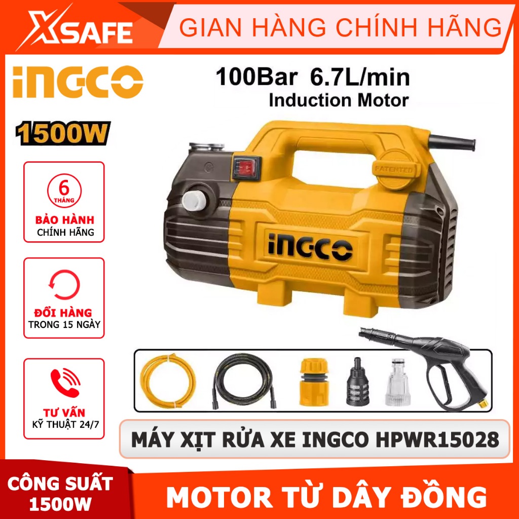 Máy bơm nước rửa xe áp lực cao 1500W dây đồng, motor không chổi than, áp lực nước 100Bar INGCO HPWR1