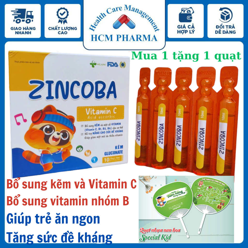 Siro ăn ngon tăng đề kháng, Bổ sung Kẽm + Vitamin C + B1 B2 B6 cho bé ZINCOBA vị ngon Hộp 10 ống HCM