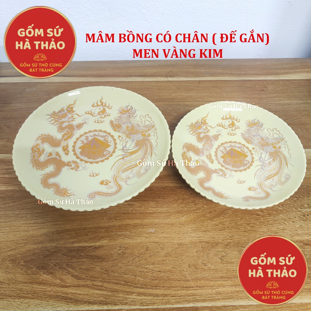 Mâm bồng, Mâm ngũ quả, đĩa vàng ( có chân) mâm bồng bày ban thờ, men vàng kim gốm sứ Bát Tràng