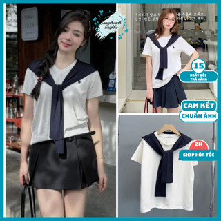 Áo phông thủy thủ tay lỡ, áo thun thêu logo ngựa kèm khăn quàng chất liệu cotton có giãn thoáng mát