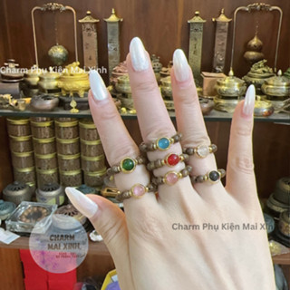  Nhẫn Trầm Hương 4mm Phối Hạt Đá Mã Não Bản Mệnh Ngũ Hành 7 Màu - Charm Phụ Kiện Trang Sức Vòng Tay Phong Thủy Nam Nữ 