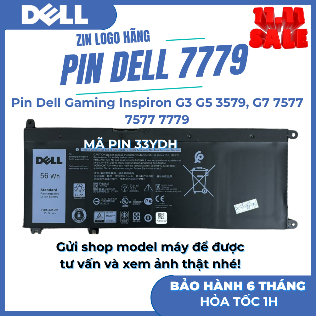 Pin laptop Dell Latitude 3400 3500, Vostro 3190 3310 3400 3500 7580, P75F P79G P89G, 33YDH, 56Wh