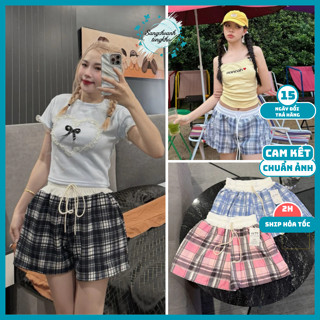 Quần short đùi nữ kẻ caro, quần đùi cạp cao lưng chun phối màu có dây rút chất liệu dạ hàn cao cấp