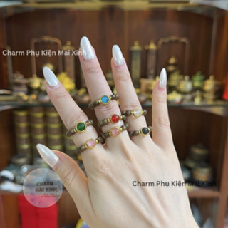 Nhẫn Đeo Tay Trầm Hương Mix Đá Phong Thuỷ Năm Mệnh -Charm Phụ Kiện Xâu, Phối Vòng, Chuỗi Hạt Phong Thủy May Mắn Nam, Nữ