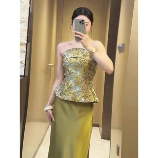 [Sẵn] Áo Ống Dáng Peplum QC In Họa Tiết Hoa Lá Có Chun Lưng Co Giãn Thoải Mái