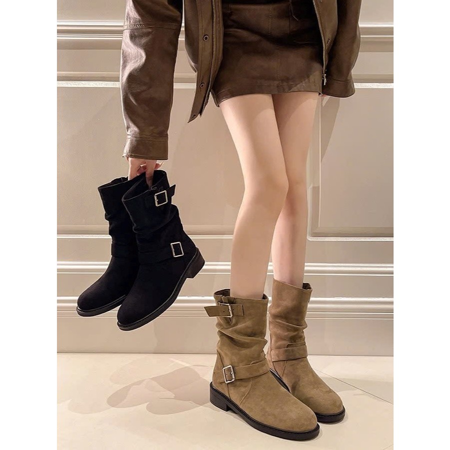 Giày Boots Nữ cổ ngắn - Boots nữ cổ thấp - Boot Cổ Ngắn Khuy Da Lật Đế 3p Chiến Binh QCCC