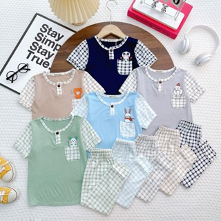 {9-26KG}Bộ tay cộc quần dài vải thun lạnh(LND15) áo trơn phối quần caro cho bé trai/bé gái