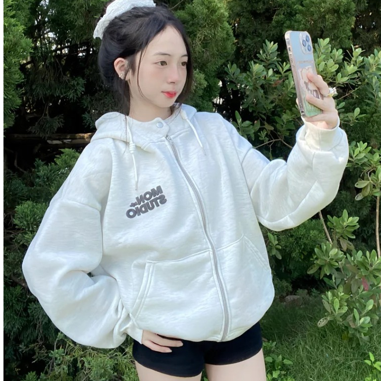 Áo khoác hoodie zip BOXY Mon Studio có nút bấm, dập nổi, in nổi ,có túi trong UNISEX NAM NỮ 2025 | BigBuy360 - bigbuy360.vn