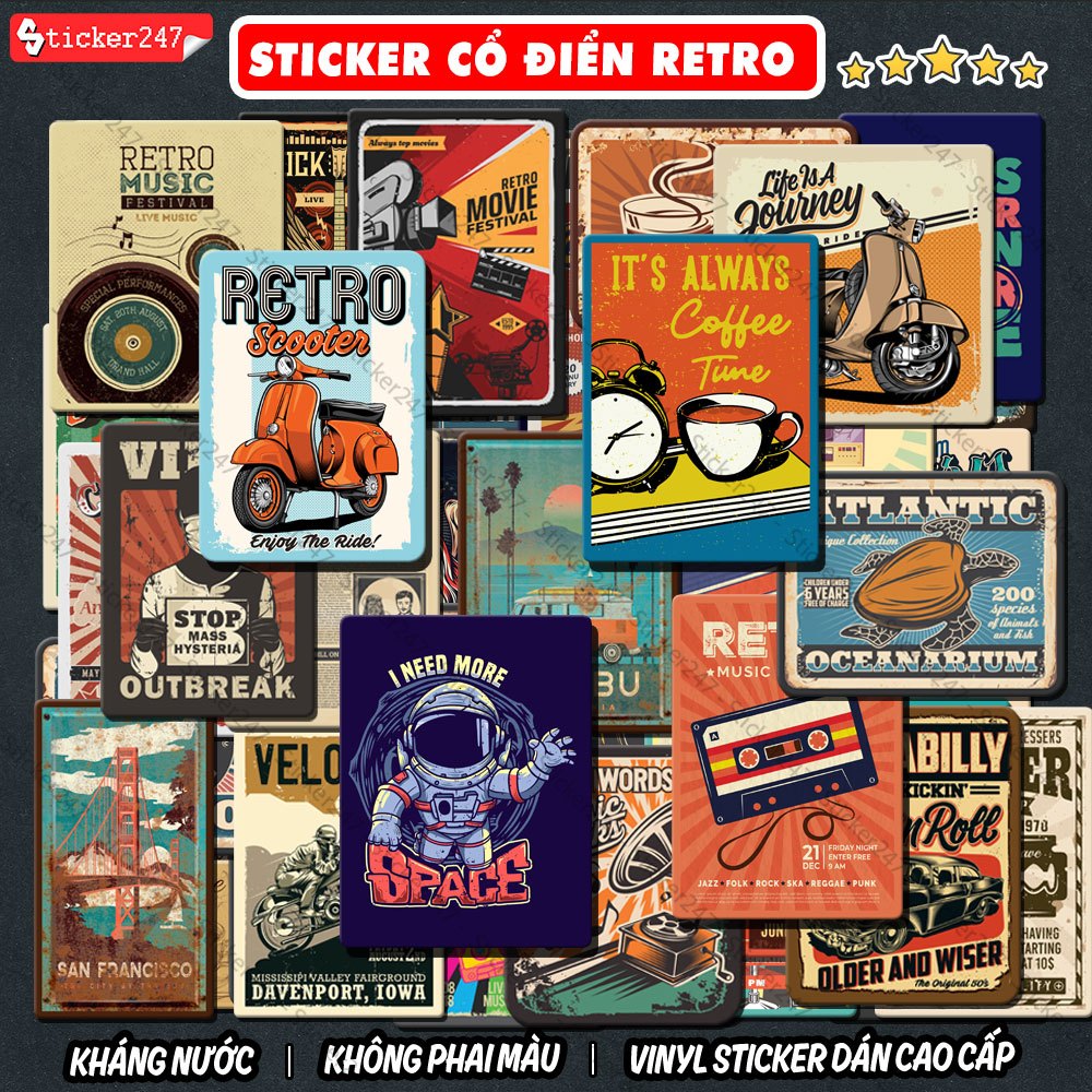 Sticker Retro Vintage Dán Xe, Mũ Bảo Hiểm 🌈𝑭𝒓𝒆𝒆𝒔𝒉𝒊𝒑 Hình dán Cổ Điển Sticker Vintage Decor Dán Tem X