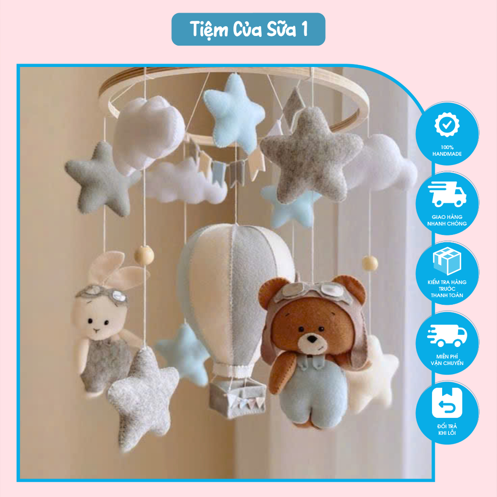 Bộ treo nôi gấu thỏ kích thích thị giác cho trẻ sơ sinh,sản phẩm khâu tay handmade nhà Sữa (chưa kèm thanh J,hộp nhạc)
