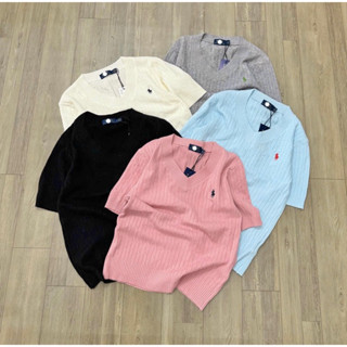 Áo len lông thỏ cổ tim tay ngắn thêu logo PL