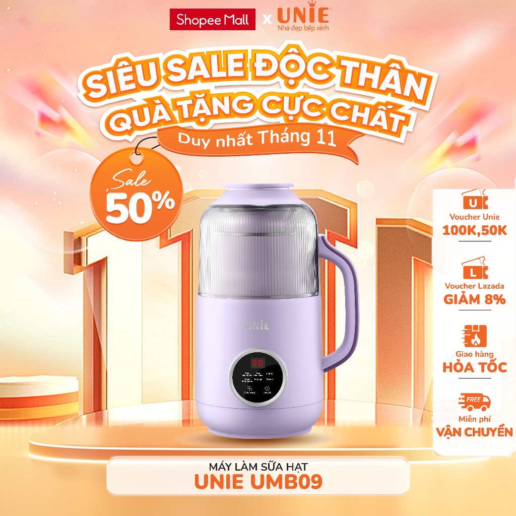 Máy làm sữa hạt UNIE UMB09, dung tích 800ml, nắp chụp chống ồn, công suất 750w, xay nấu đa năng siêu mịn, bh 24 tháng