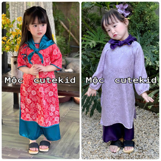   7-35kg  bộ áo dài CÁT TƯỜNG gấm vân hoa - quần lụa  TẶNG KHĂN TUBAN  cho bé gái mặc đi chơi Lễ Tết 