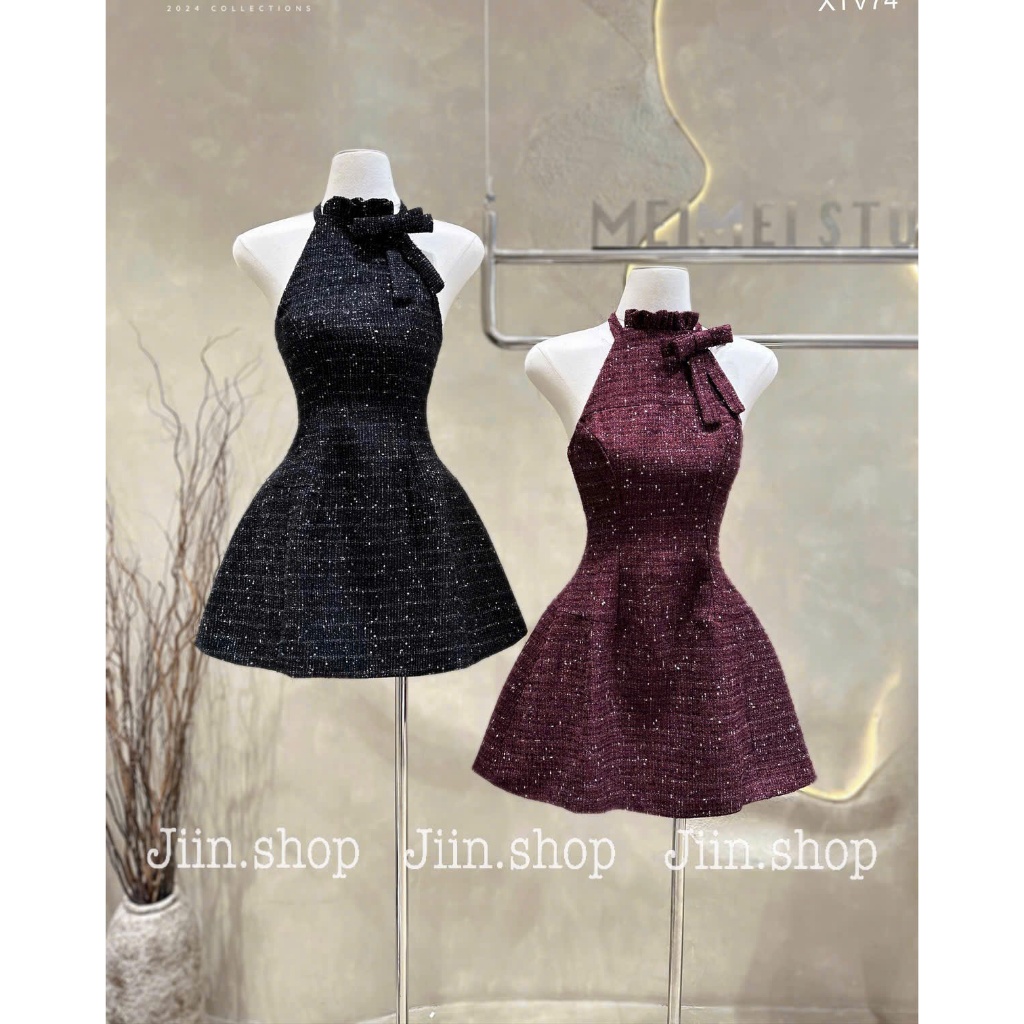 Váy đầm yếm dạ tweed, váy 2 dây quây cúp ngực hở lưng thiết kế cao cấp sang chảnh dự tiệc cưới sang chảnh tiểu thư